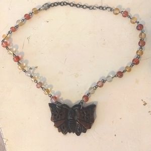 ❄3/$12 SALE❄ Cottage Style Wood Butterfly Pendant Beaded Necklace Amber Brown